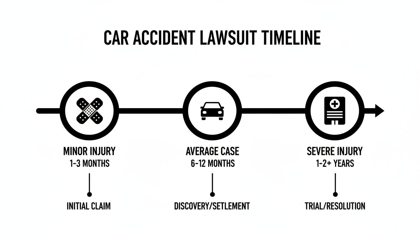 Timeline showing car accident lawsuit durations based on injury severity: minor, average, and severe cases.