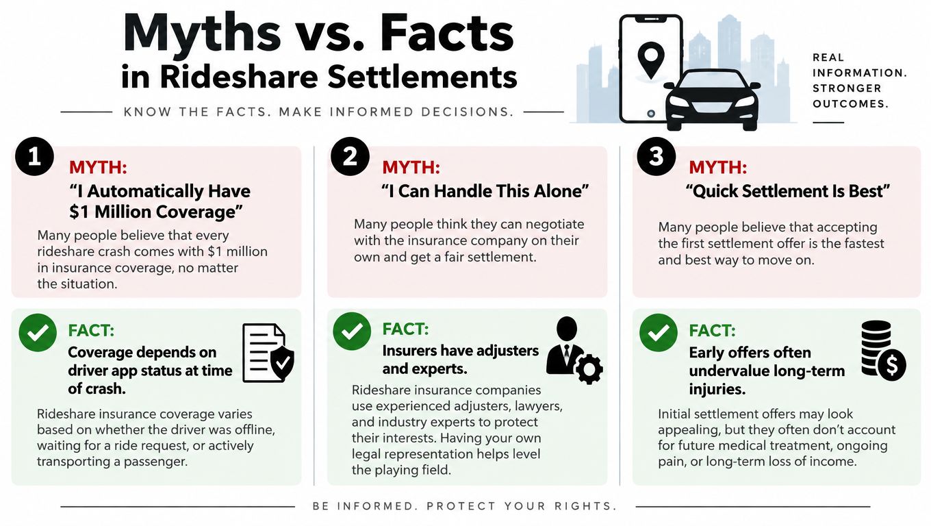 An infographic detailing common myths and facts regarding rideshare accident insurance settlements and legal representation.