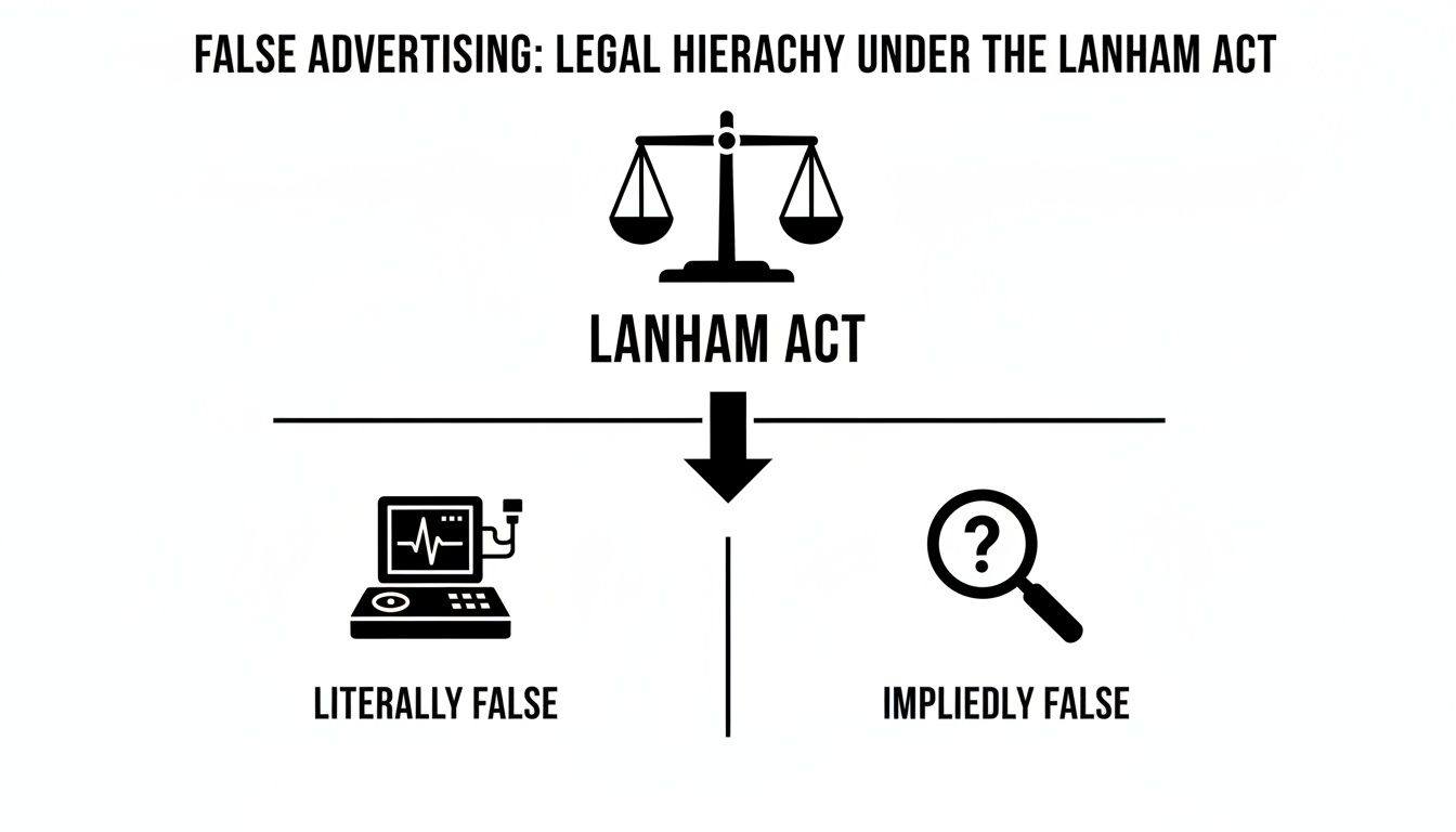 Diagram illustrating false advertising types under the Lanham Act: literally false and impliedly false.