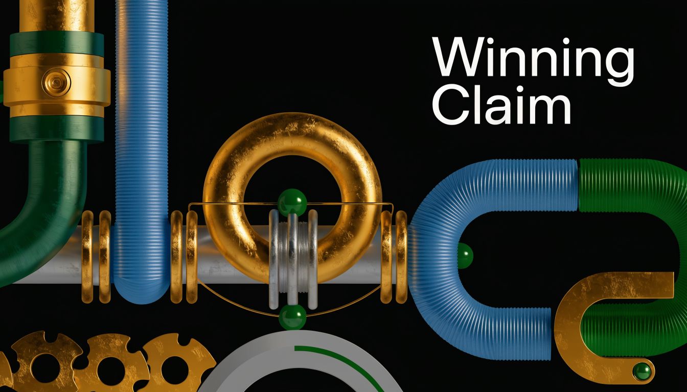 A 3D abstract composition of interconnected gold, blue, and green pipes and gears against a black background.