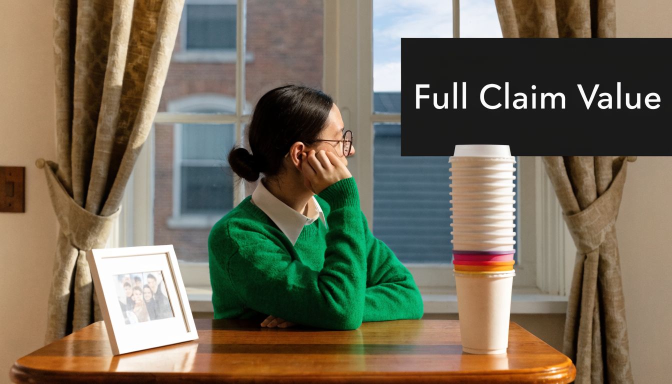 A pensive woman sits at a wooden table next to a stack of disposable coffee cups.
