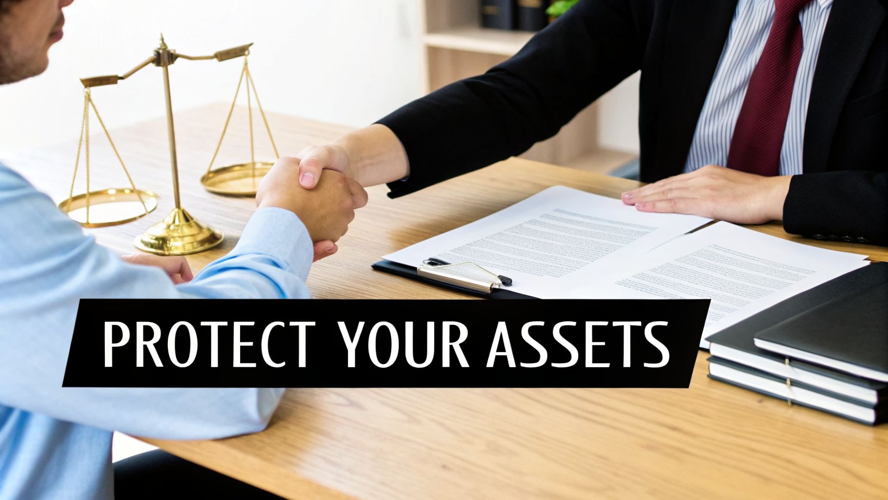 Lawyer and client shaking hands over documents and a scale of justice, text: PROTECT YOUR ASSETS.