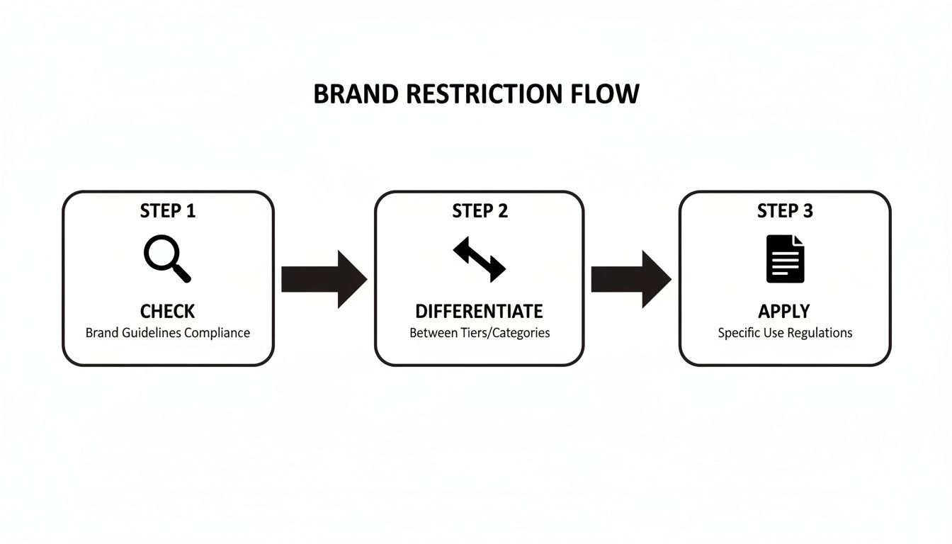 Flowchart illustrating the brand restriction process, outlining steps to check compliance, differentiate tiers, and apply regulations.