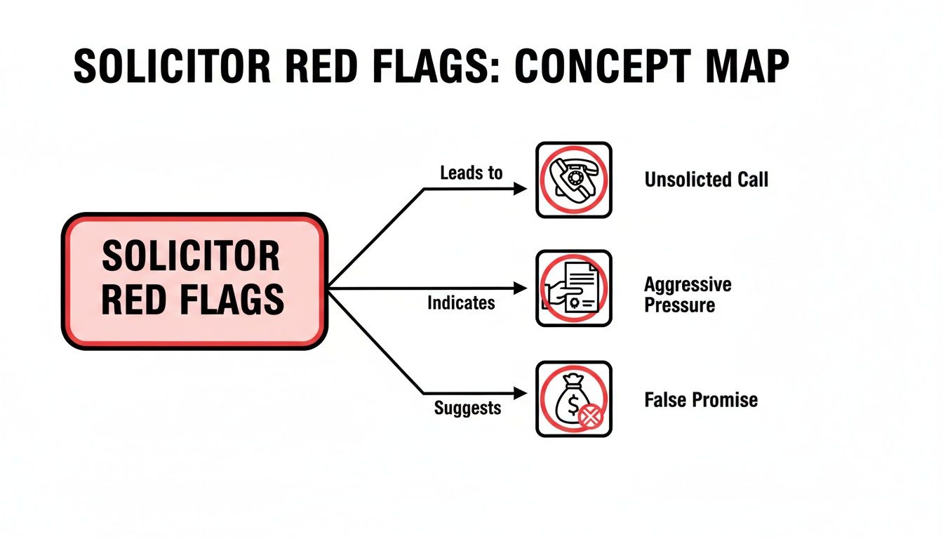 A concept map showing solicitor red flags: unsolicited call, aggressive pressure, and false promise.