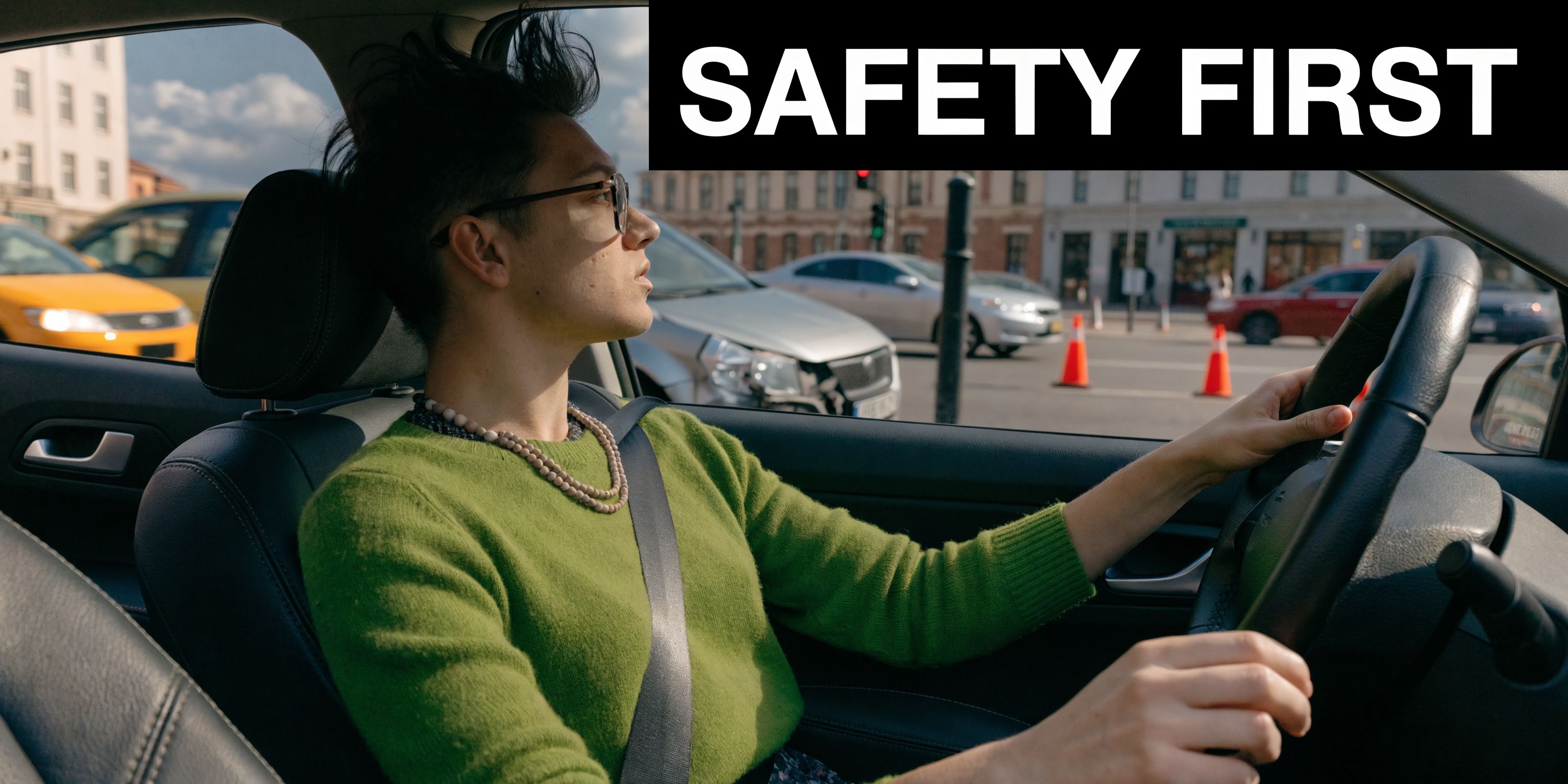A young person driving a car in a city setting, with text overlay reading SAFETY FIRST