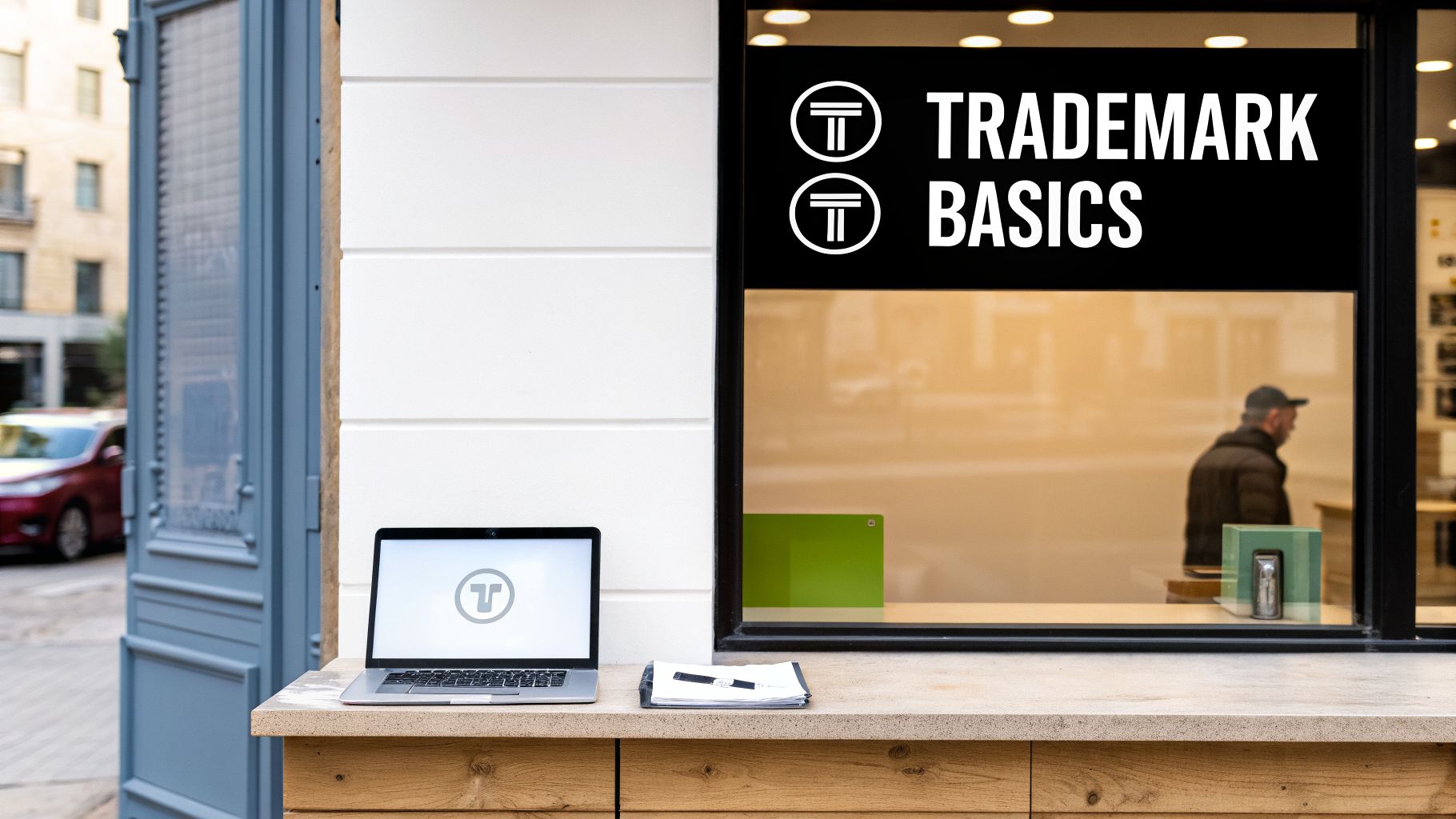 A storefront window displays a 'TRADEMARK BASICS' sign. A laptop and documents are on a counter.