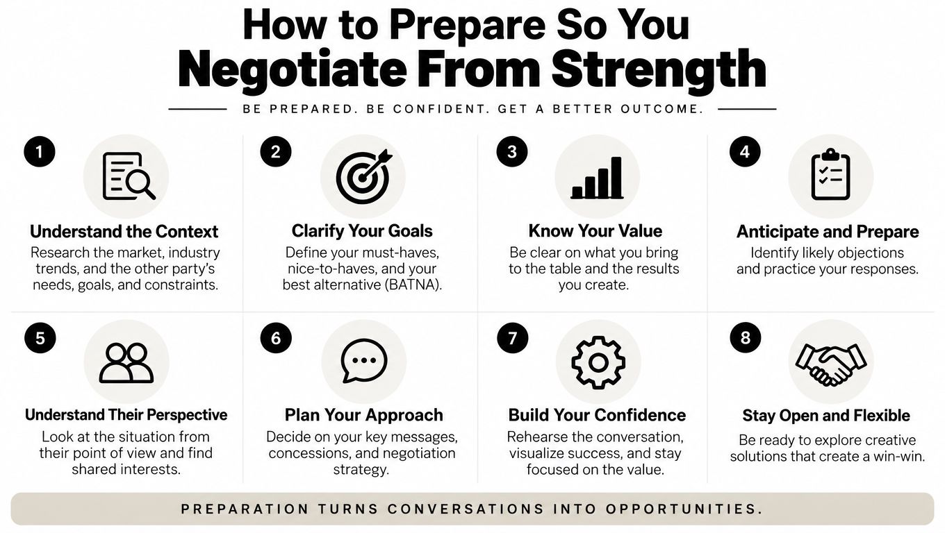 An infographic titled How to Prepare So You Negotiate From Strength outlining eight key preparation steps.