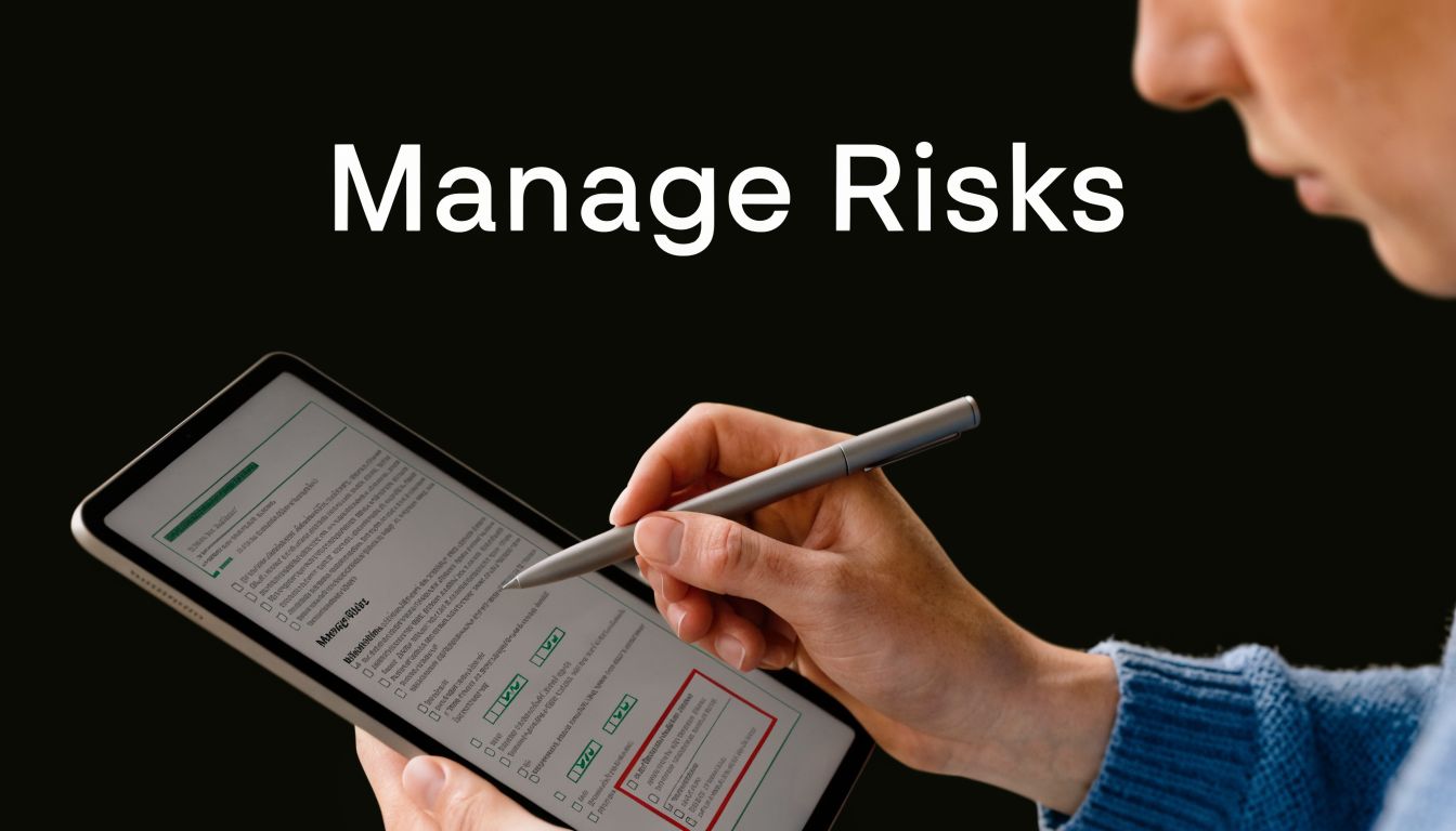 A professional managing risk documentation on a digital tablet screen using a sleek electronic stylus pen.