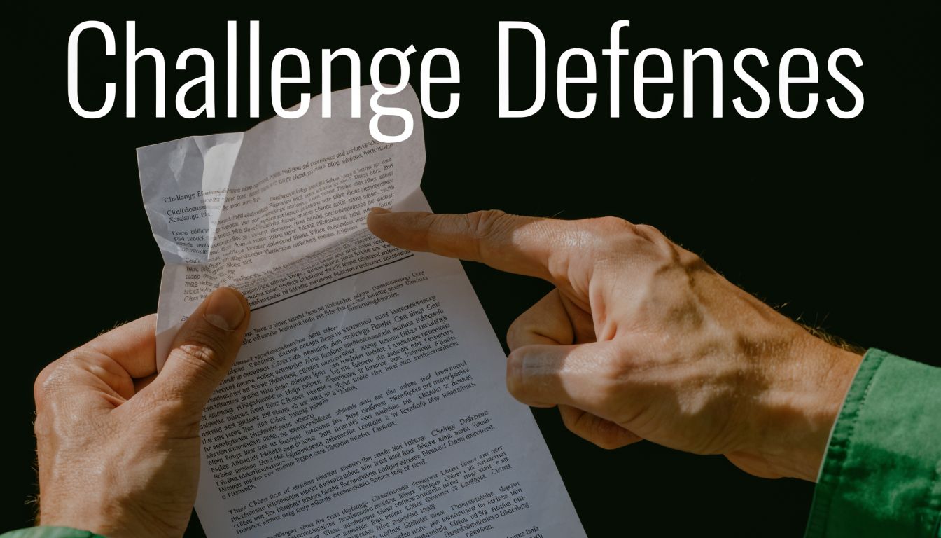 A person reviewing a legal document titled Challenge Defenses with a serious and attentive expression.