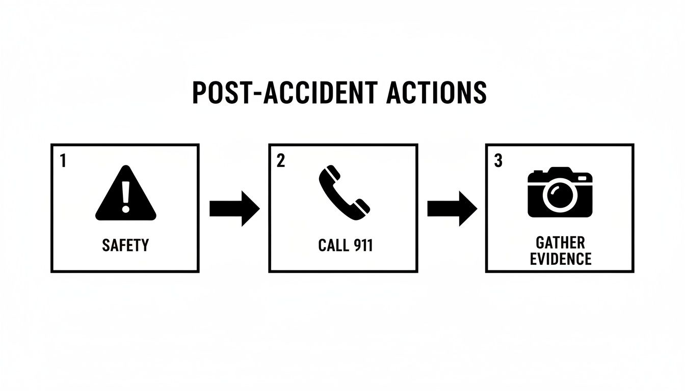 A graphic illustrating three crucial post-accident actions: prioritizing safety, calling 911, and gathering evidence.