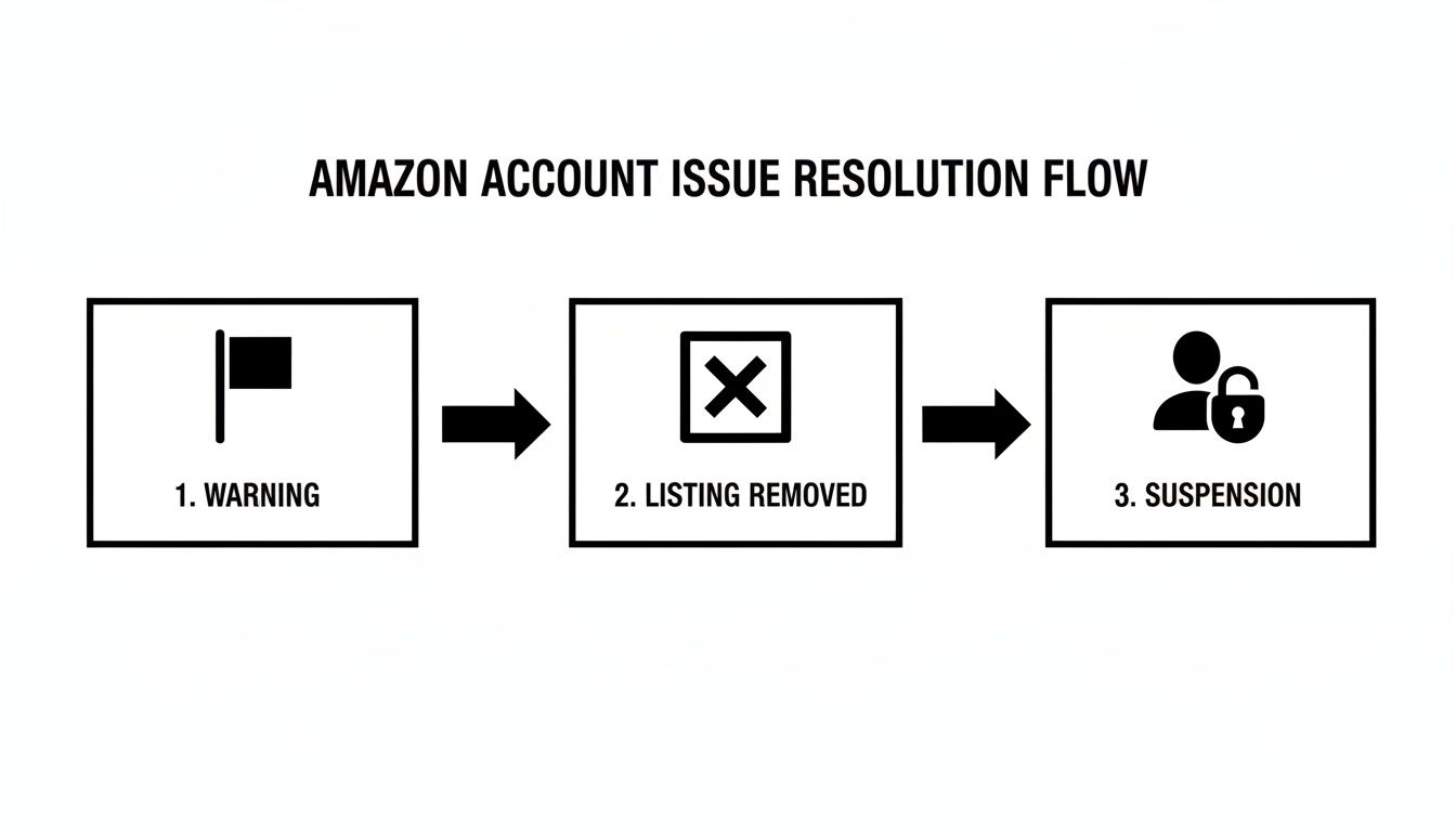 A flowchart illustrating the Amazon account issue resolution process: Warning, Listing Removed, and Suspension.