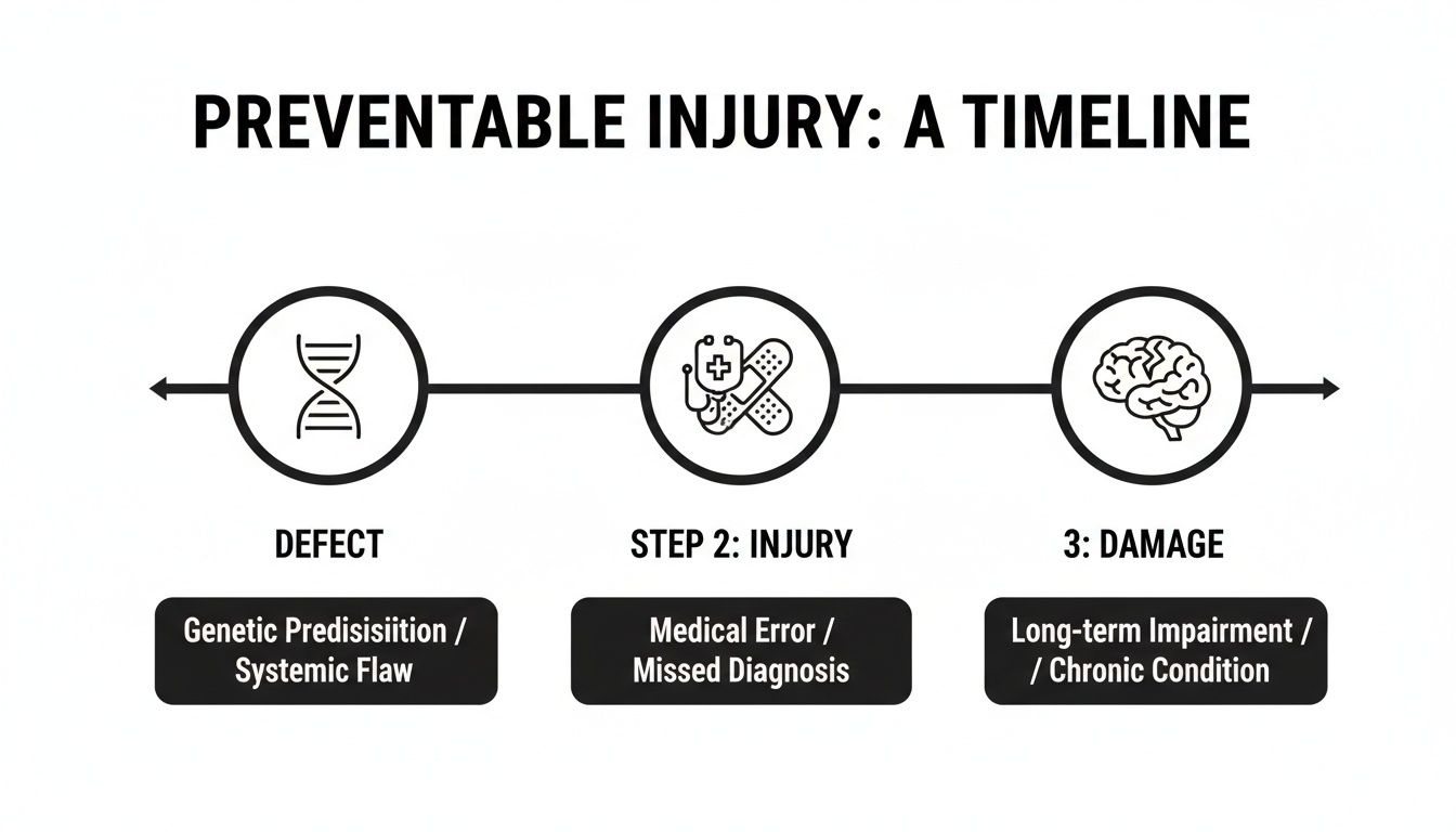 A timeline illustrating preventable injury progression from genetic defect to medical error and chronic conditions.