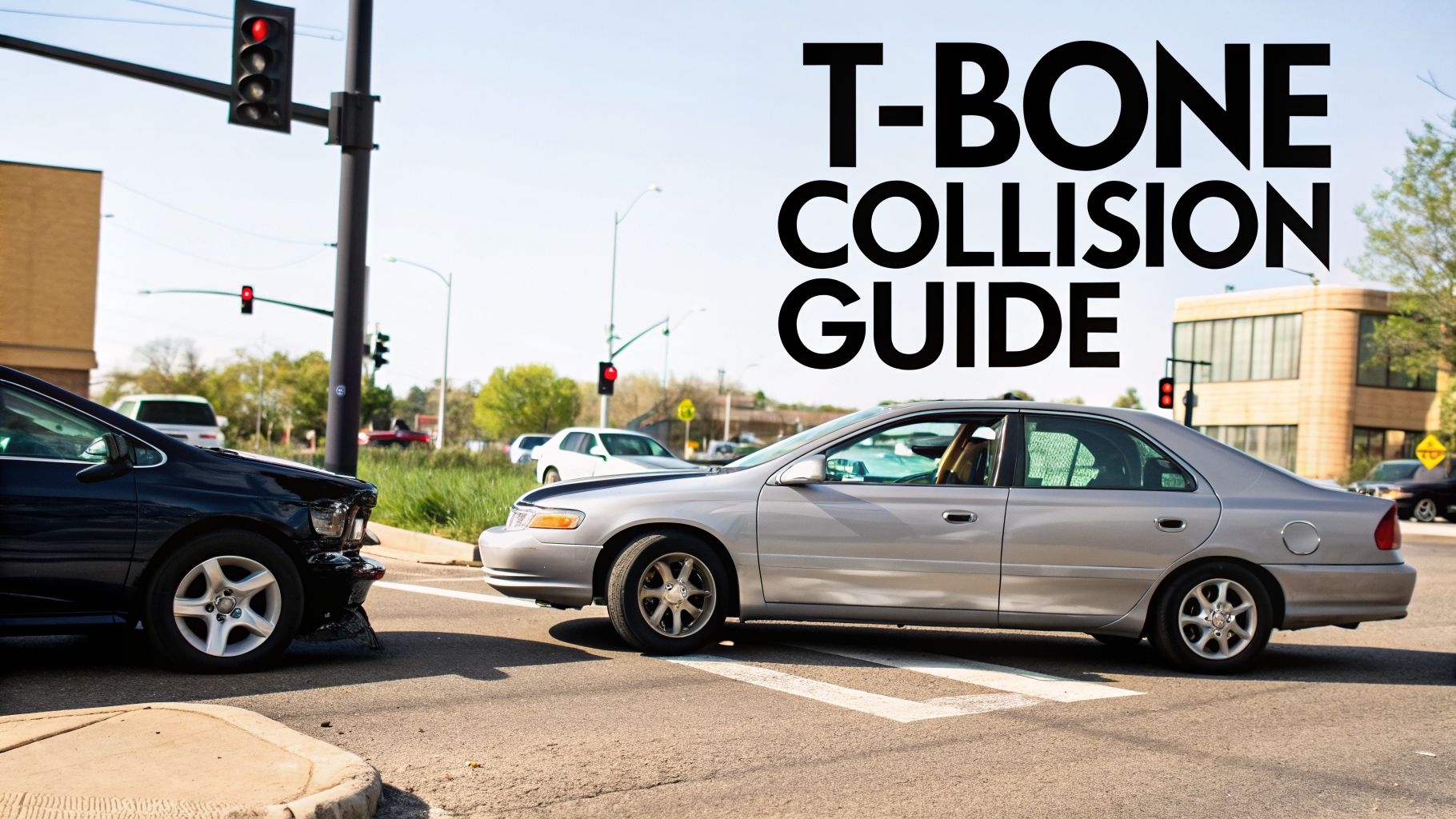 A T-bone car collision at a city intersection with traffic lights, and text overlay 'T-BONE COLLISION GUIDE'.