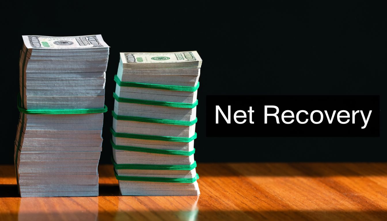 Two large stacks of hundred dollar bills wrapped in green rubber bands on a wooden surface.