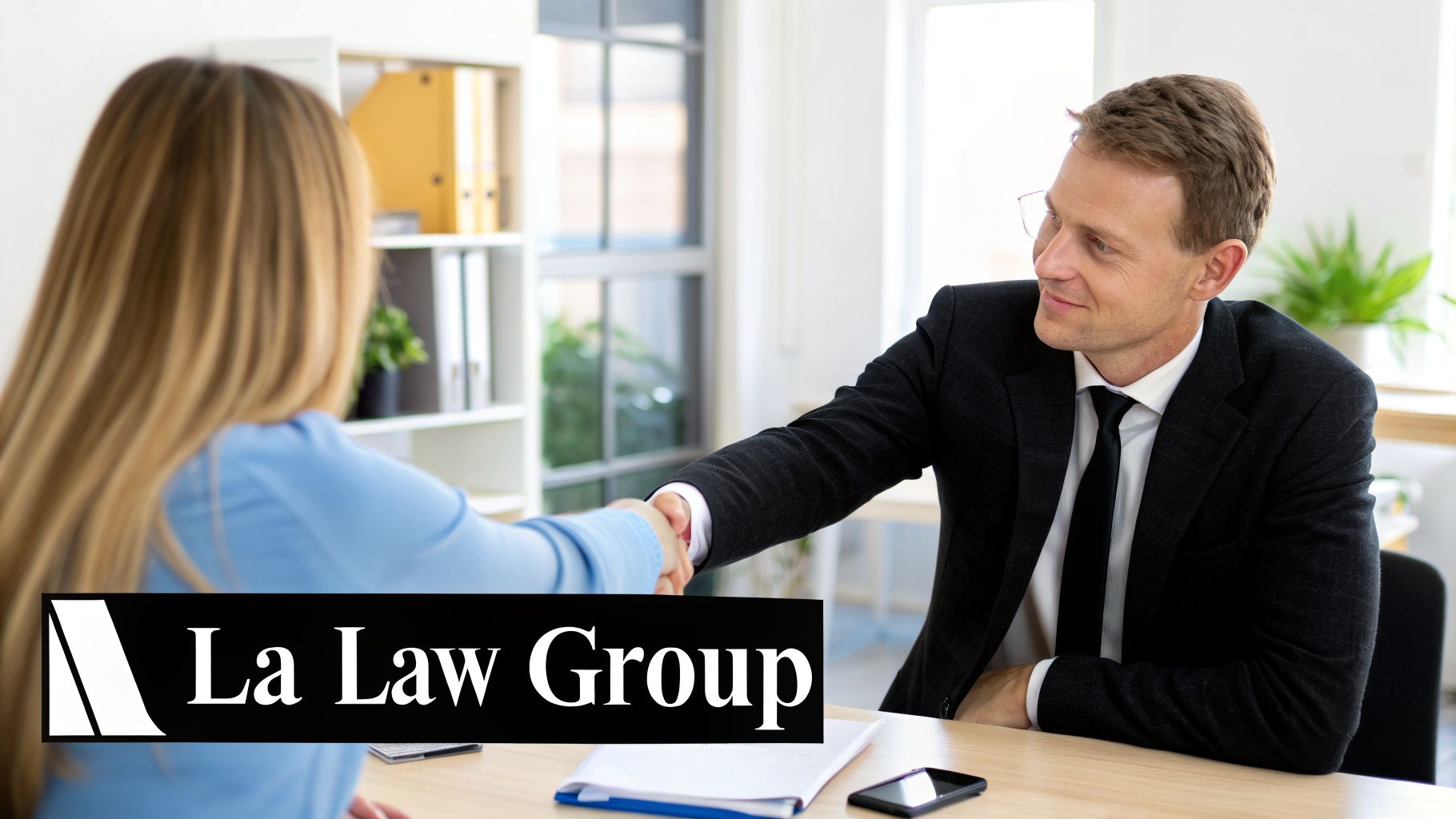 Two professionals, a man and a woman, shaking hands across a desk in a well-lit office.