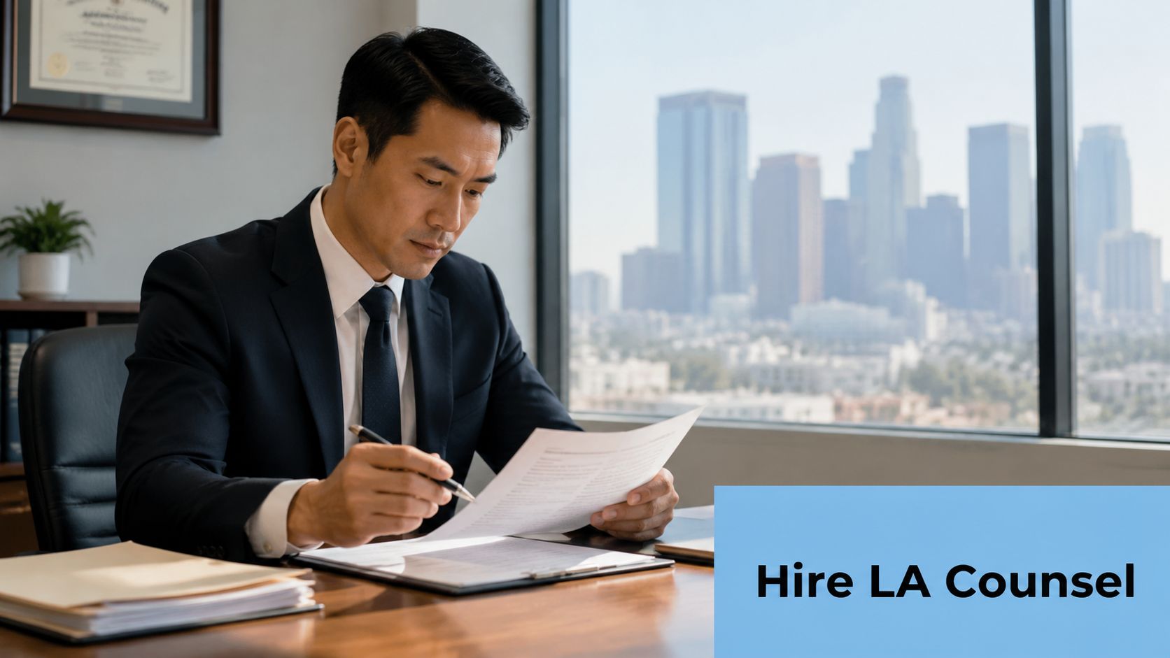 A professional Asian lawyer in a suit reviewing legal documents inside a modern Los Angeles office.