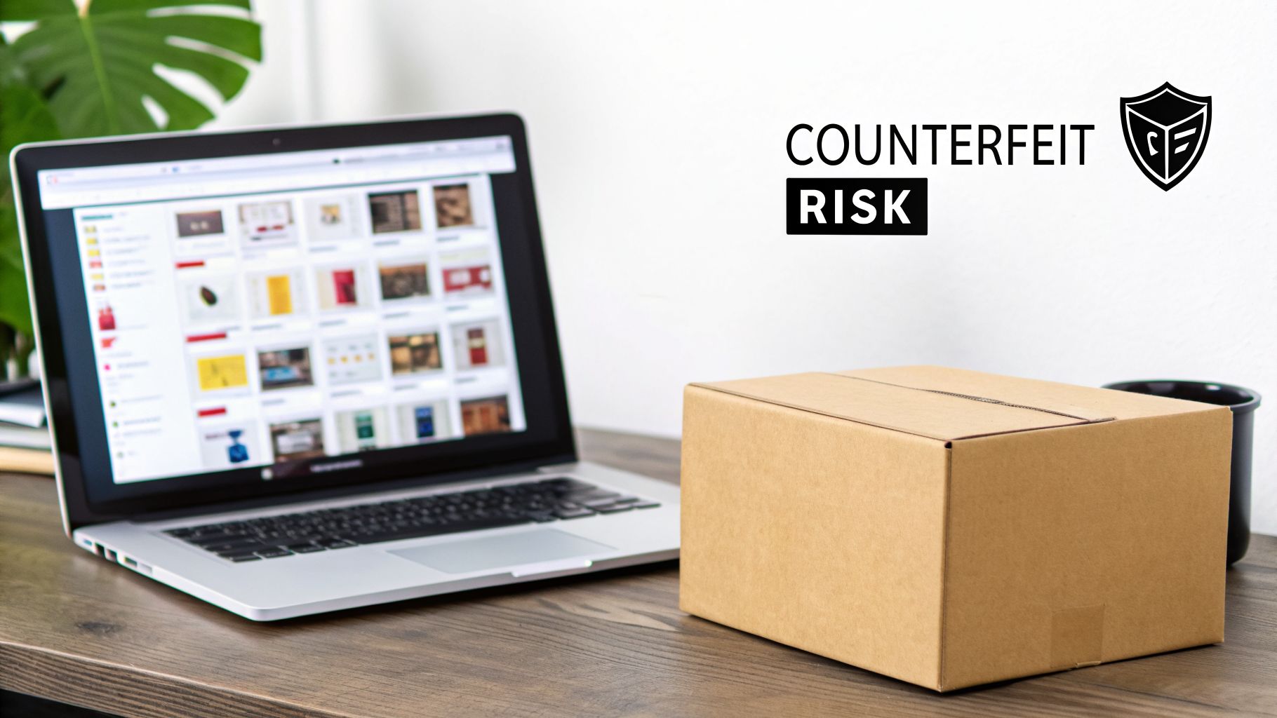 A laptop displays an online shopping site, next to a delivery box and 'COUNTERFEIT RISK' text.