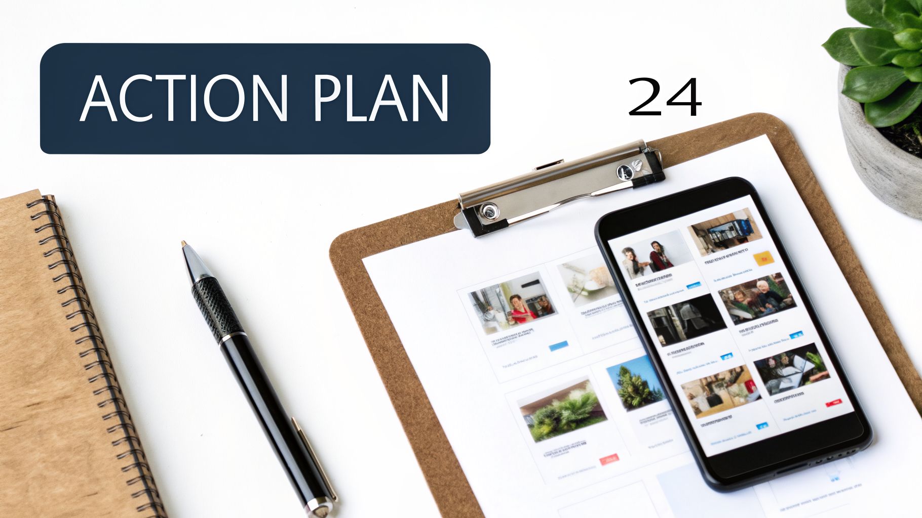 A desk setup featuring an 'ACTION PLAN 24' banner, a notebook, pen, clipboard, and smartphone.