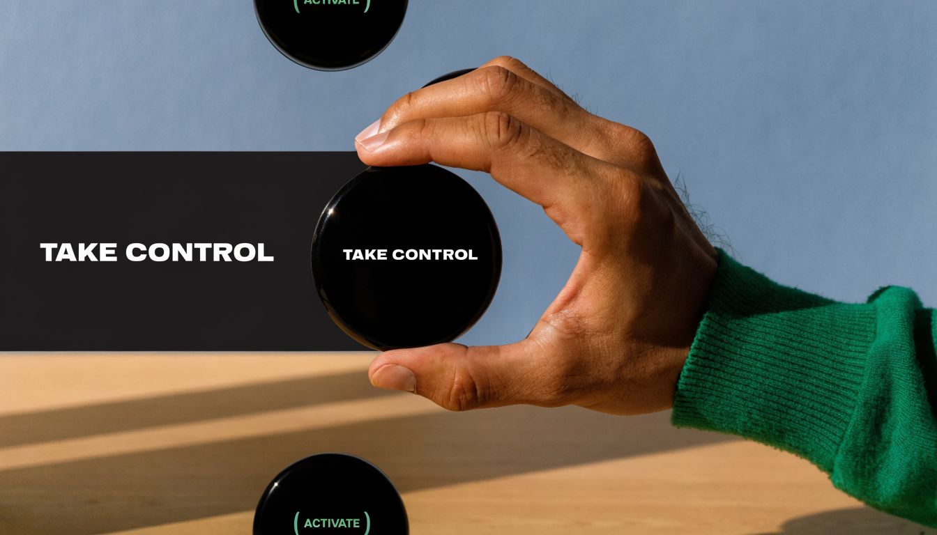 A hand wearing a green sweater places a black button labeled Take Control on a table.