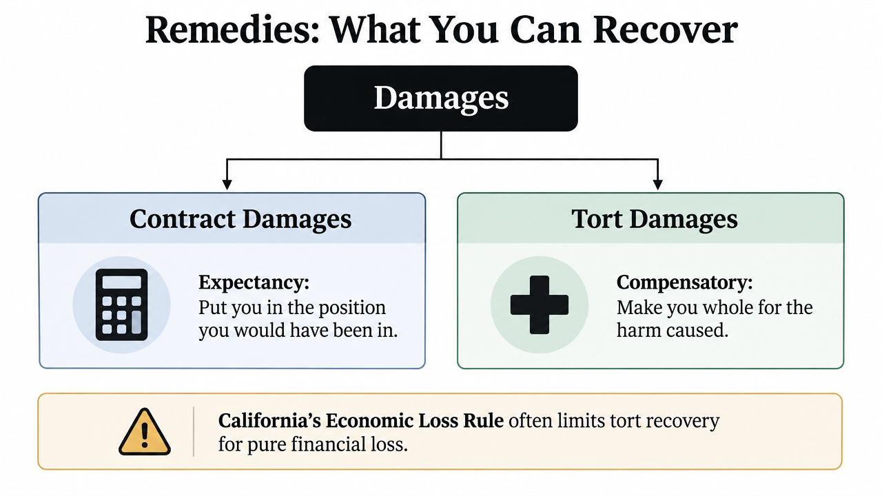 A diagram comparing contract damages and tort damages, highlighting the main objectives of legal remedies.