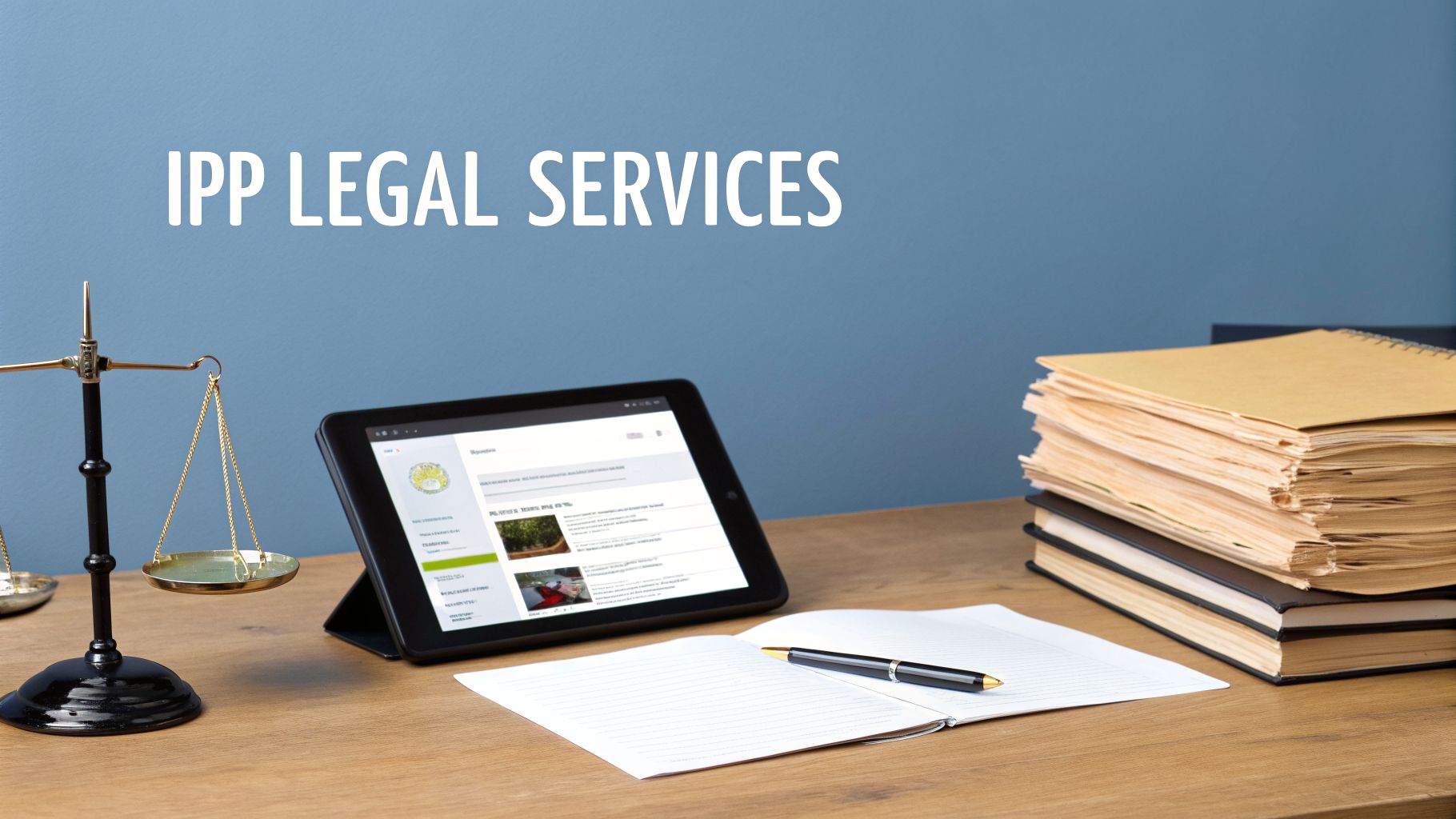 A legal workspace featuring a scale of justice, tablet, notebook with a pen, and stack of files, under 'IPP LEGAL SERVICES' text.
