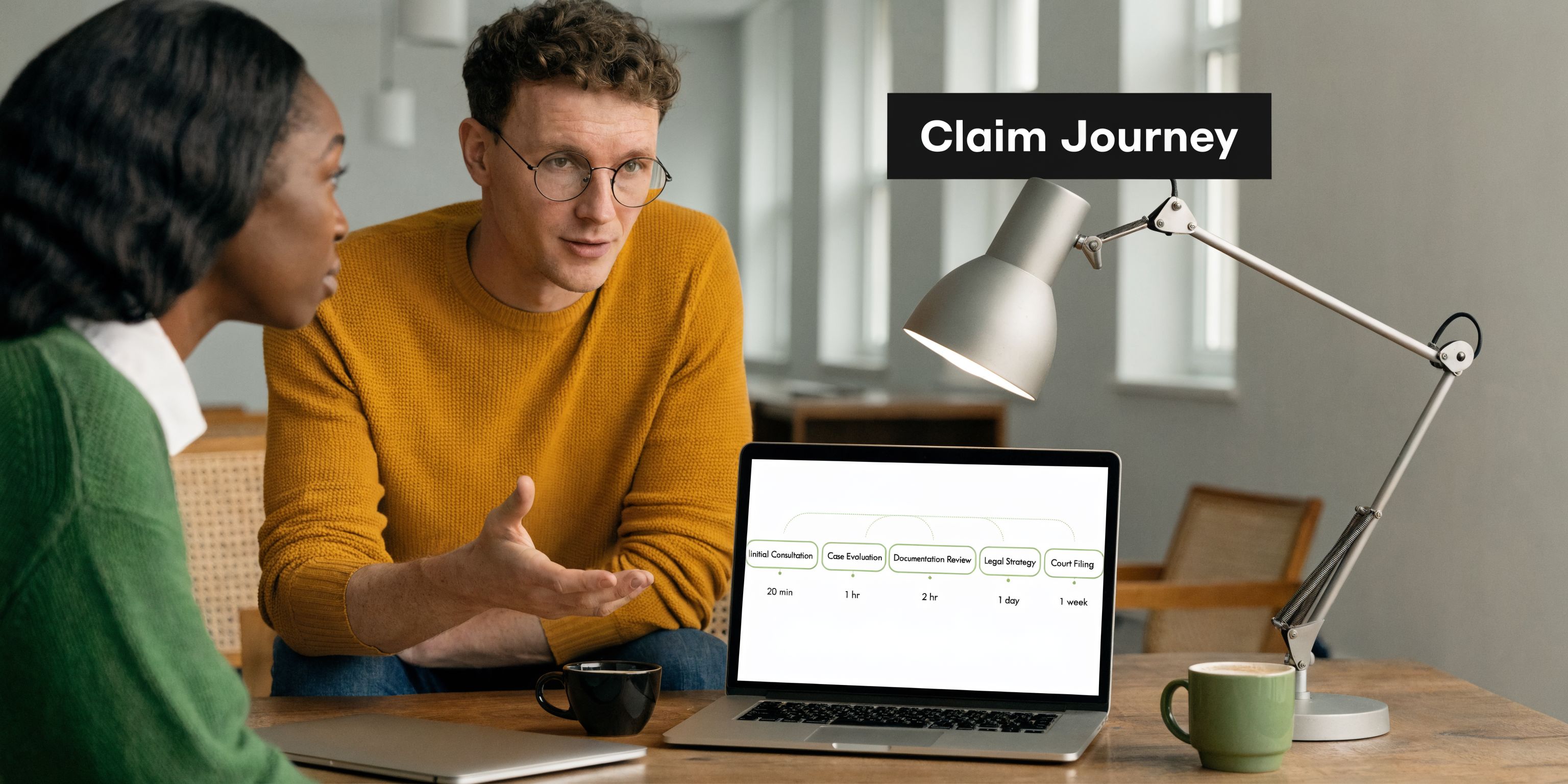A man and woman discussing the legal claim journey process shown on a laptop screen.