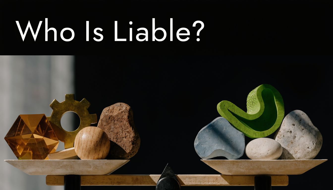 A conceptual scale featuring various objects weighing the sides of a legal liability question.