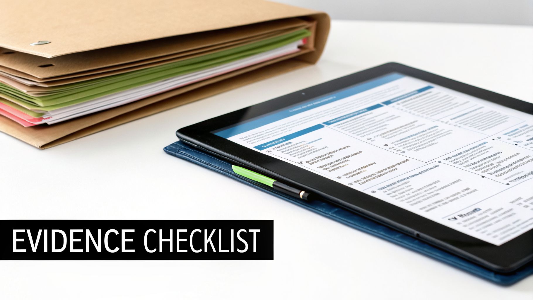 A desk with a stack of organized folders and a tablet displaying an evidence checklist.