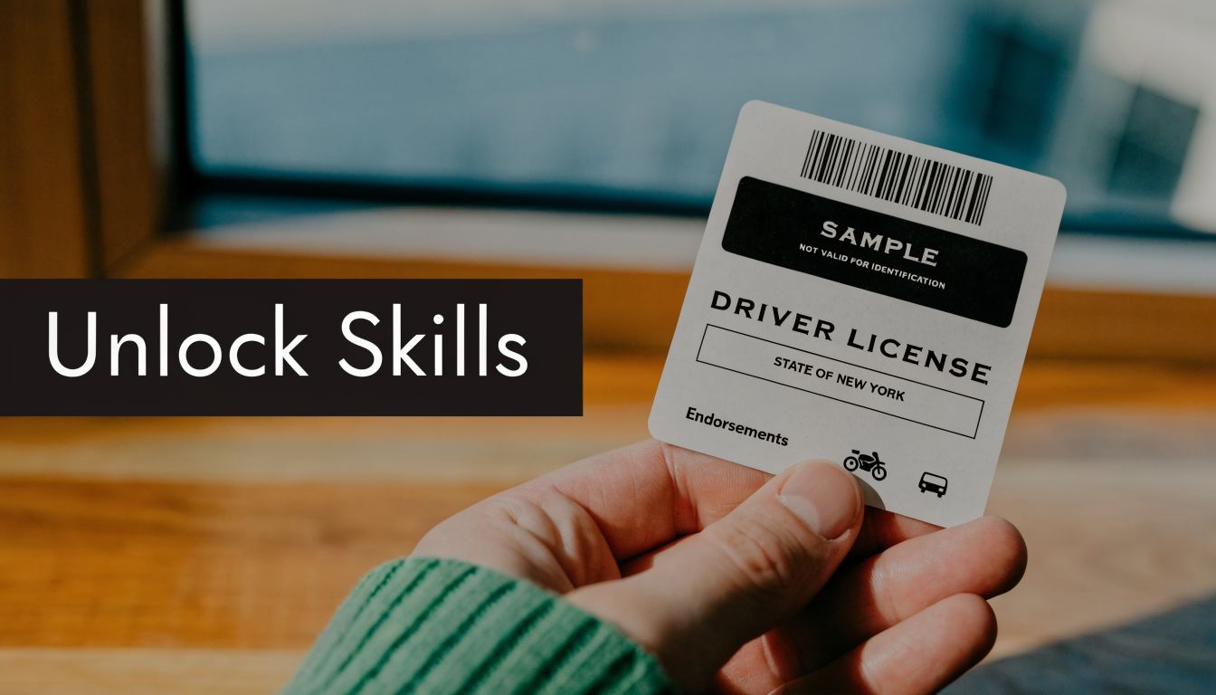 A close-up of a hand holding a sample New York driver's license card with endorsement icons.