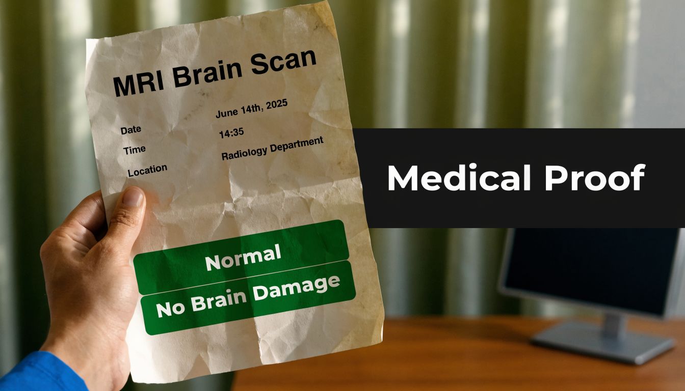 A hand holding a crumpled paper document showing an MRI brain scan result with normal findings.