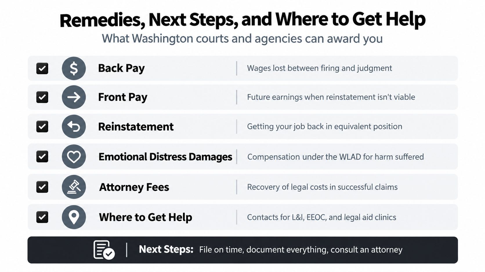 A list of remedies and next steps for victims of wrongful termination in Washington state courts.