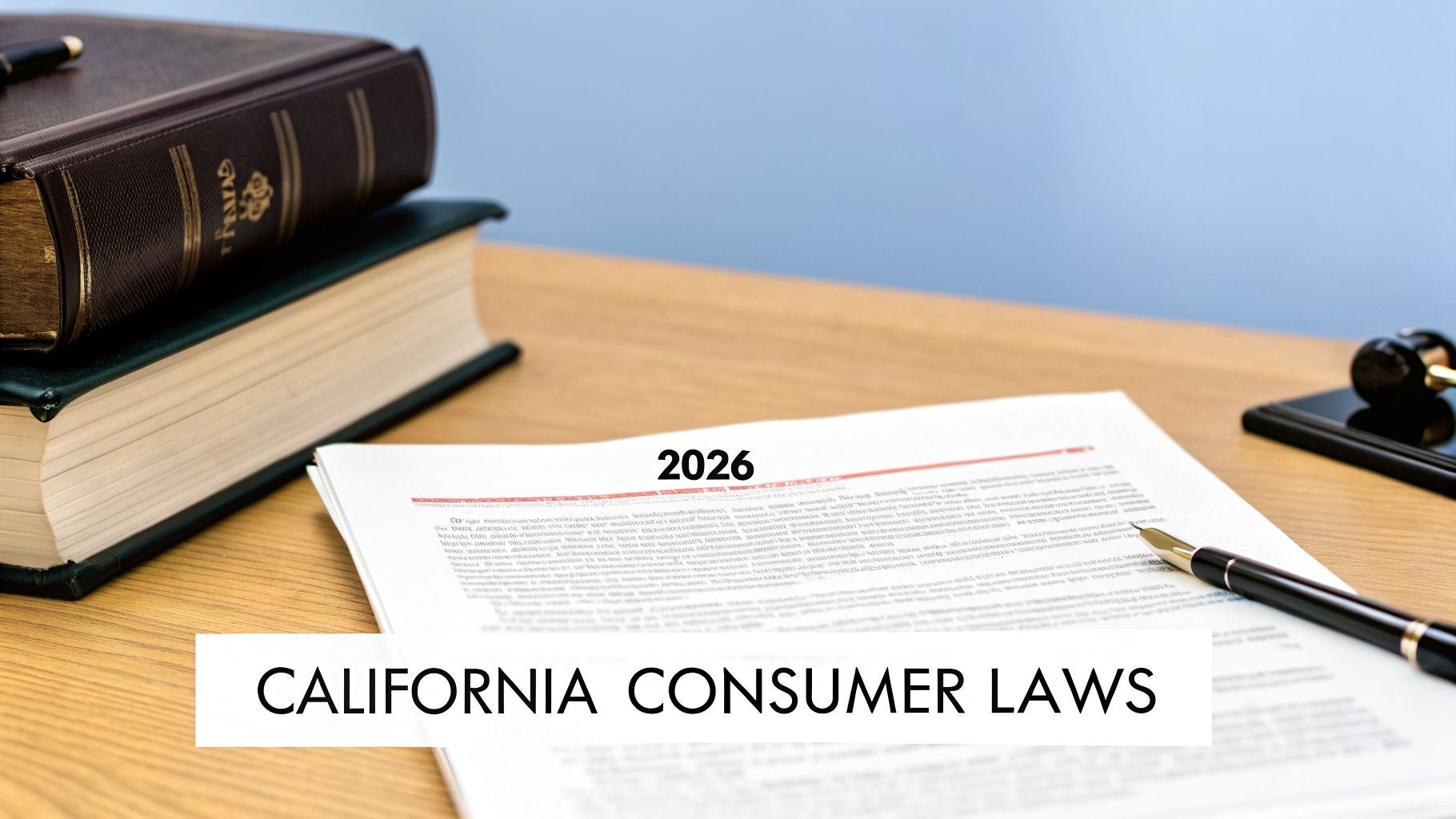 A document titled 'CALIFORNIA CONSUMER LAWS 2026' with a pen and law books on a wooden desk.