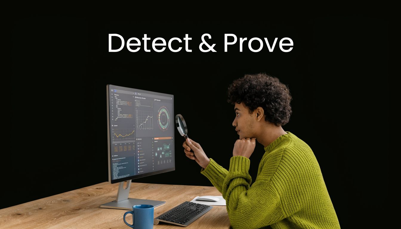 A person in a green sweater uses a magnifying glass to examine data analytics on a computer monitor.