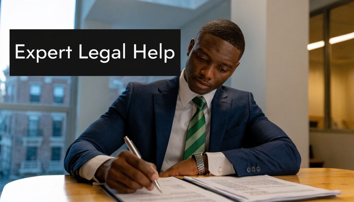 A professional lawyer wearing a suit and green tie signing legal documents at his desk.
