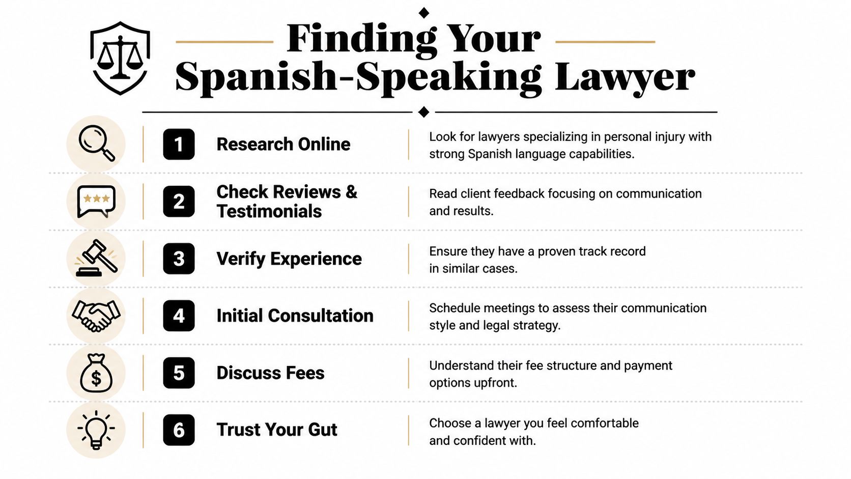 A six-step infographic on how to find a qualified Spanish-speaking lawyer for personal injury cases.