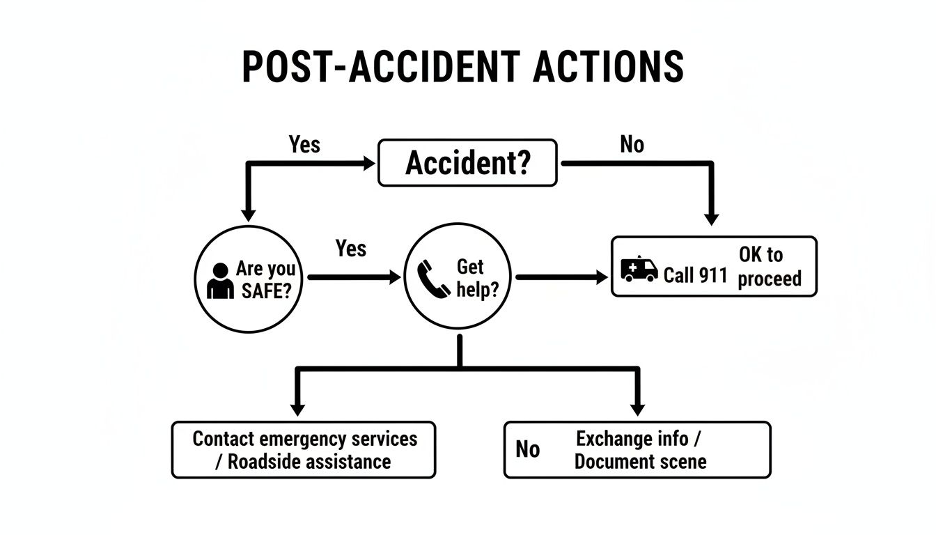 A flowchart titled 'Post-Accident Actions' guides individuals through steps after an accident, including safety, getting help, and contacting emergency services or exchanging information.