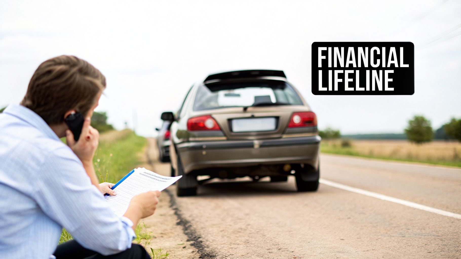 A man on the side of the road with a broken-down car, talking on phone with papers, and "FINANCIAL LIFELINE" text.