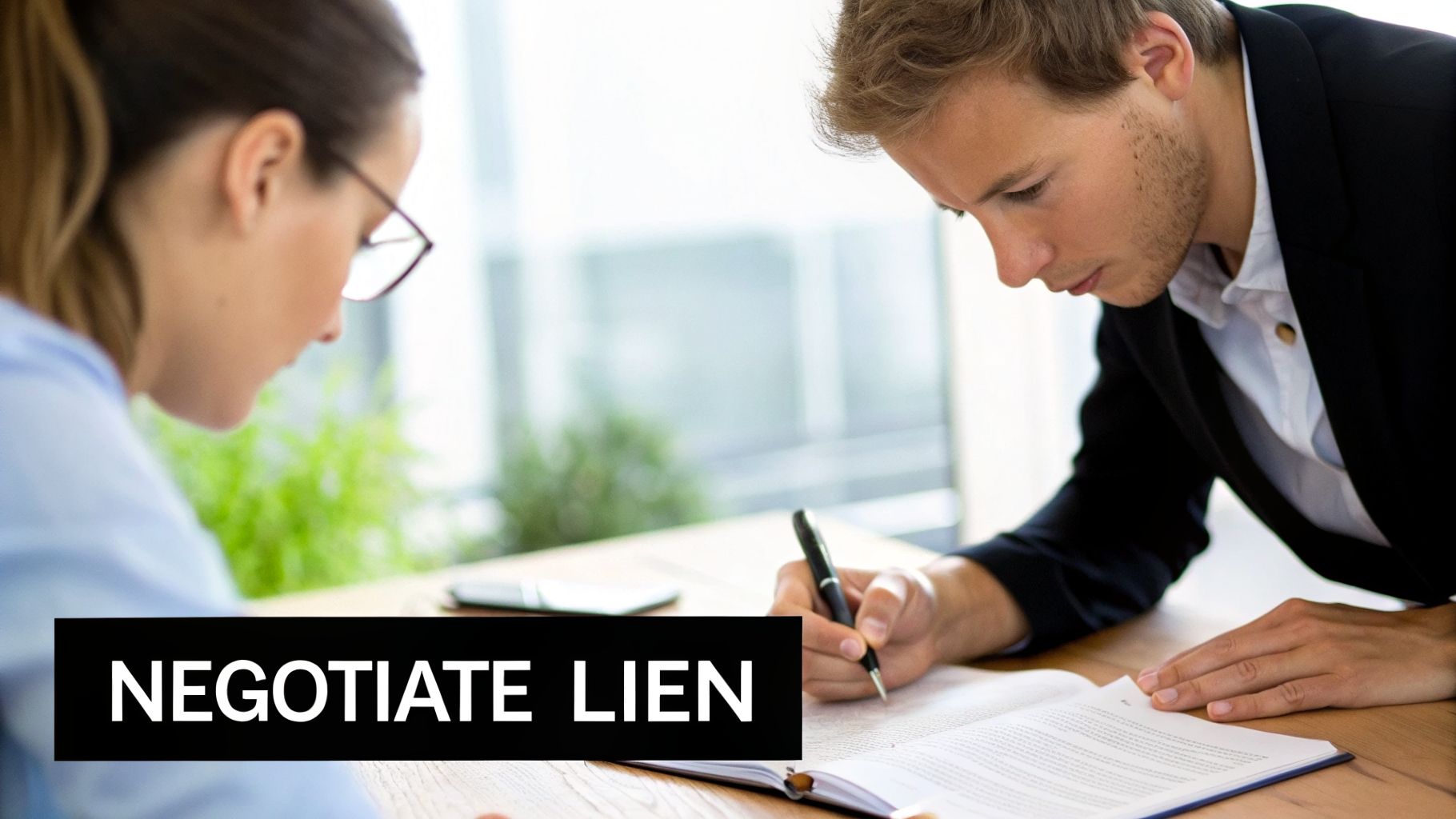 Two professionals, a man and a woman, reviewing documents, with text 'NEGOTIATE LIEN' overlaid.