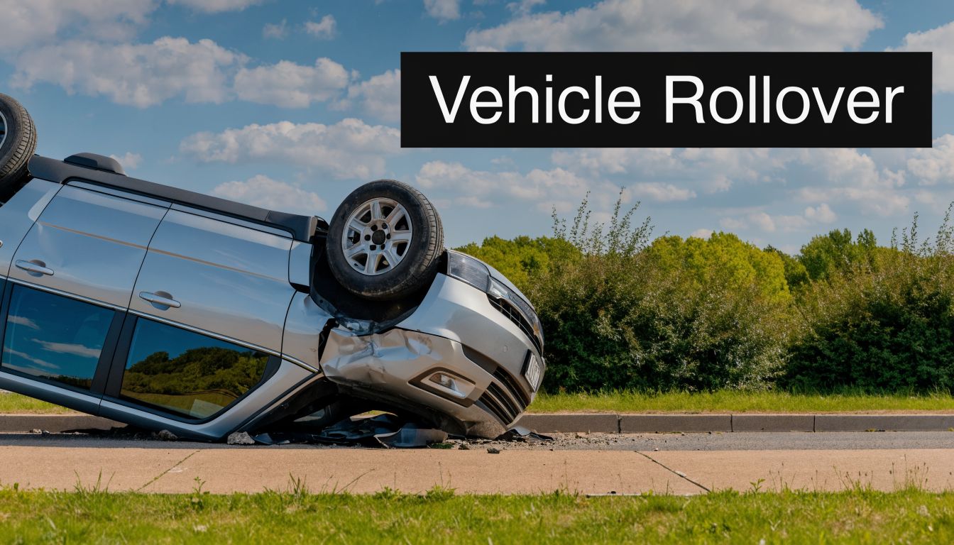 A silver SUV lies overturned on its side after a vehicle rollover accident on a roadside.