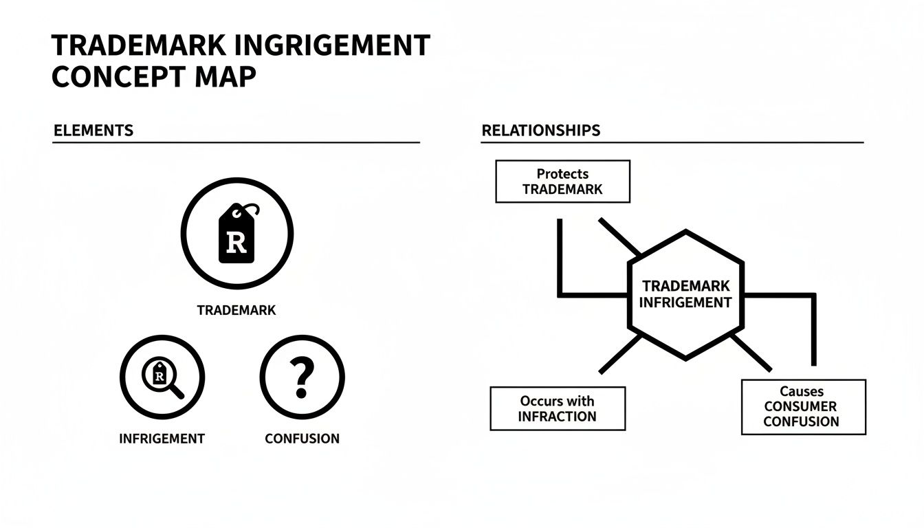 Concept map illustrating trademark infringement elements like trademark, infringement, and confusion, and its key relationships.