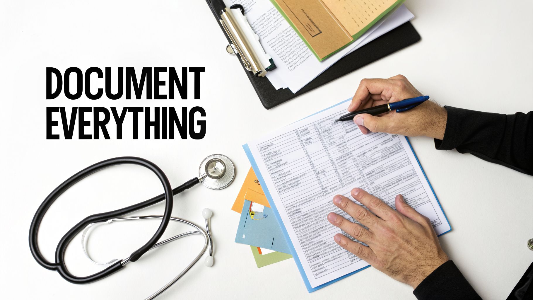 A doctor's hands write on a patient form, with a stethoscope and files nearby, emphasizing 'DOCUMENT EVERYTHING'.