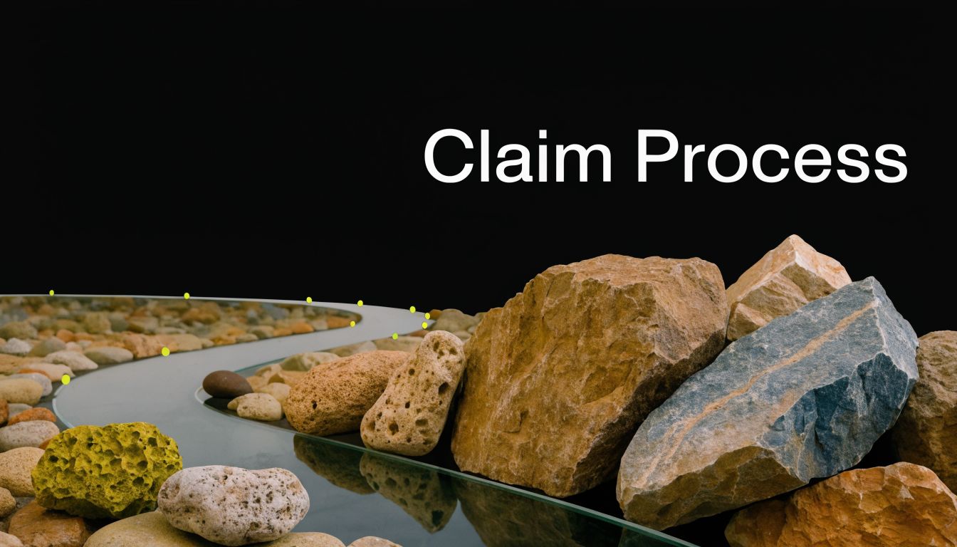 A professional heading labeled Claim Process positioned above a winding path made of scattered natural stones.