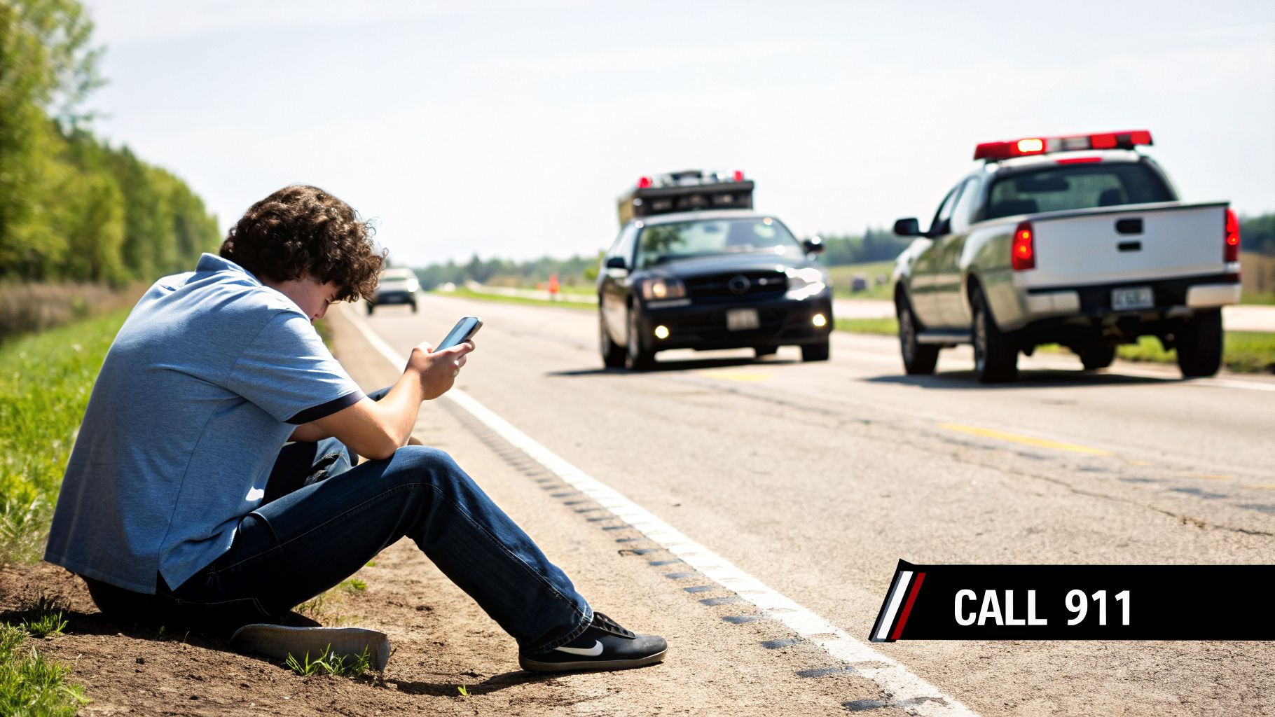 A person sits by a road, using a phone, with emergency vehicles and 'CALL 911' text.