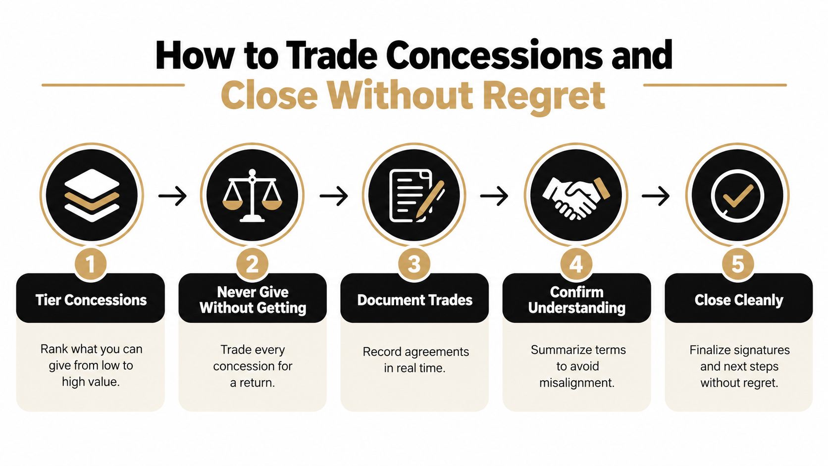 A five-step process infographic on how to trade concessions effectively during business negotiations to reach closure.