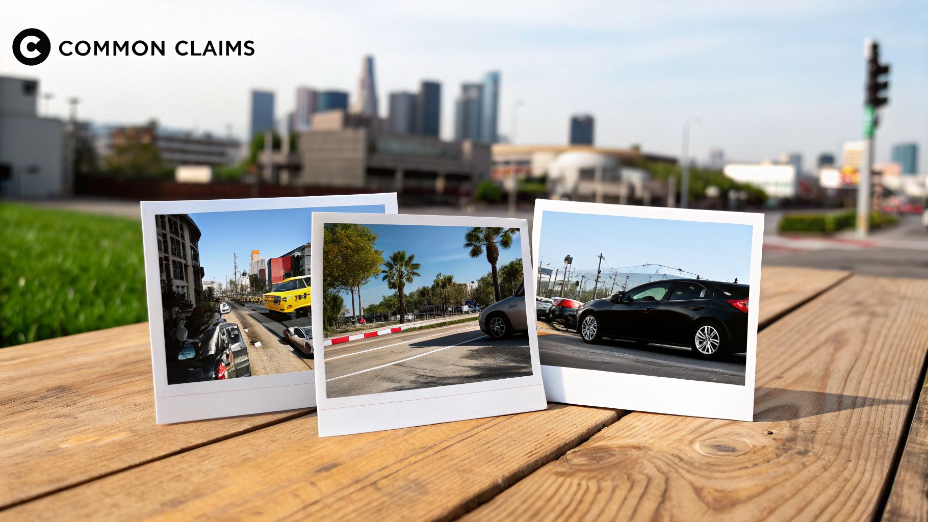 Three polaroid photos of urban street scenes with cars, potentially related to accidents, on a wooden table.