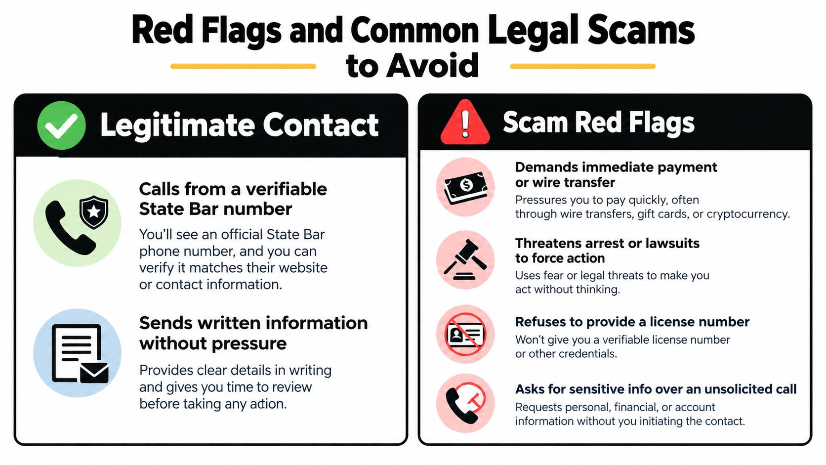 An infographic showing the difference between legitimate contact and scam red flags from a lawyer.