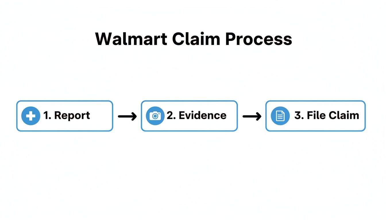 A flowchart illustrates the Walmart claim process, detailing steps: Report, Evidence, and File Claim.