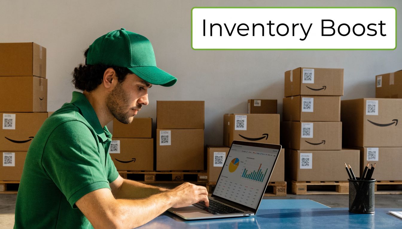 A warehouse worker in a green cap uses a laptop to analyze data among cardboard boxes.