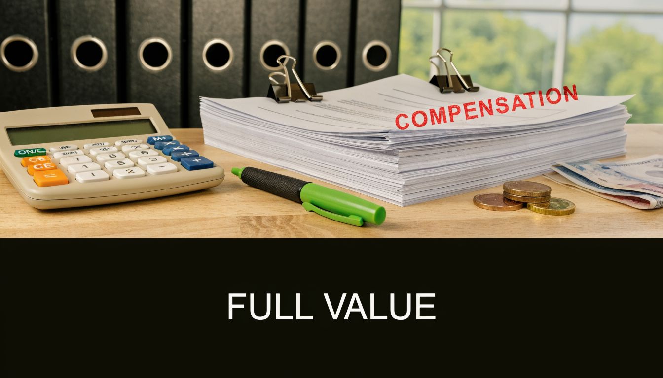 A stack of papers labeled compensation, a calculator, a pen, and coins resting on a wooden desk.