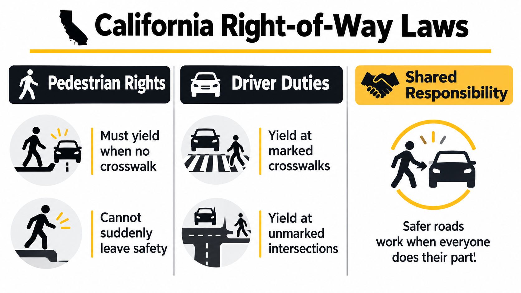 An infographic showing California right-of-way laws for pedestrians and drivers to promote road safety.